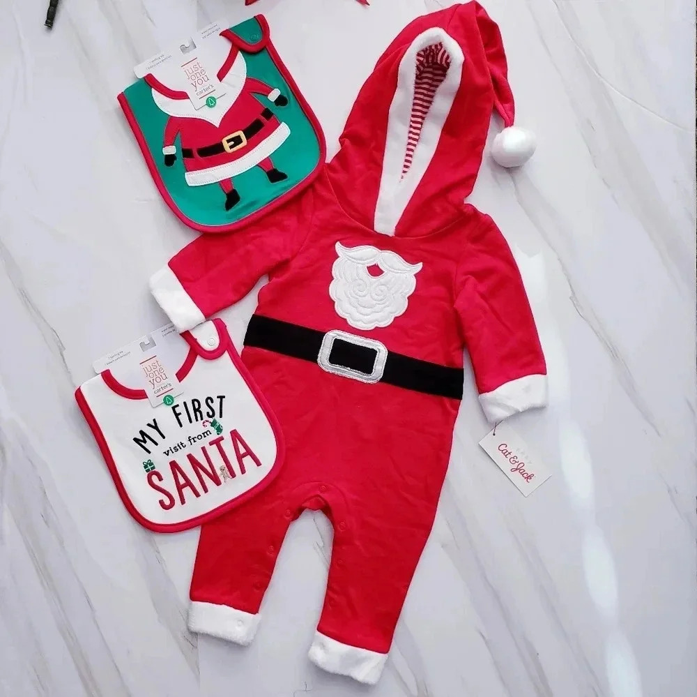 Cat & Jack Baby Lot Santa Outfit & 2 Bibs Carter's Christmas Holiday